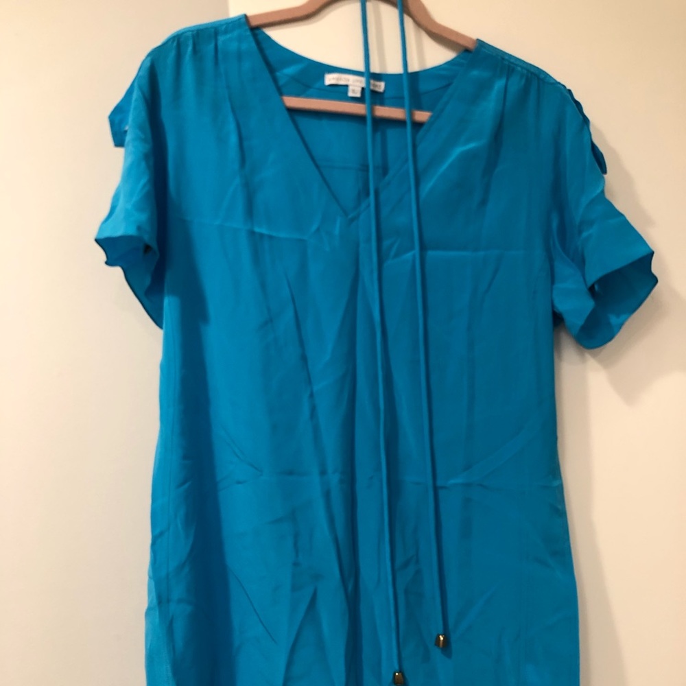 Bright blue silk shirt dress with belt